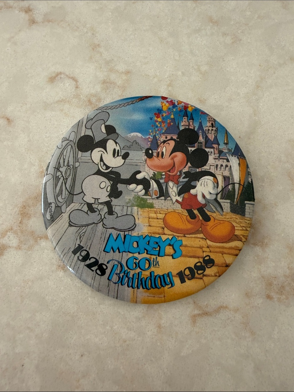 Disney Mickey 60th Birthday Commemorative Button - Blue/Black/Yellow/Orange